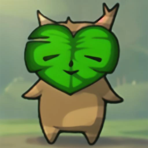 <lora:Korok-v1-a:1> korok, standing, green heart shaped leaf face, brown striped body, cell shaded style