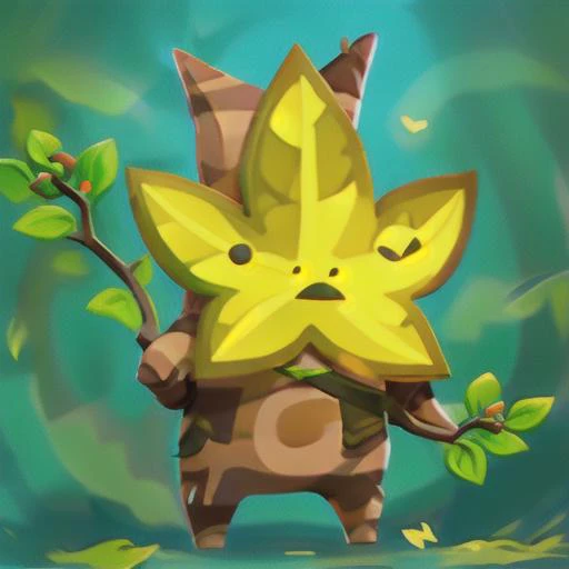 <lora:Korok-v1-a:1> korok, standing, green 5 point star leaf face, brown striped body, holding a branch with berries and leaves, vector style