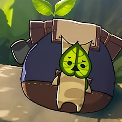 <lora:Korok-v1-a:1> korok, too big backpack, leaf face, striped body, cell shaded style