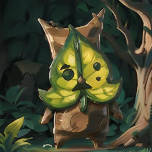 <lora:Korok-v1-a:1> korok, standing, green spread leaf face, brown striped body, forrest background, painted style
