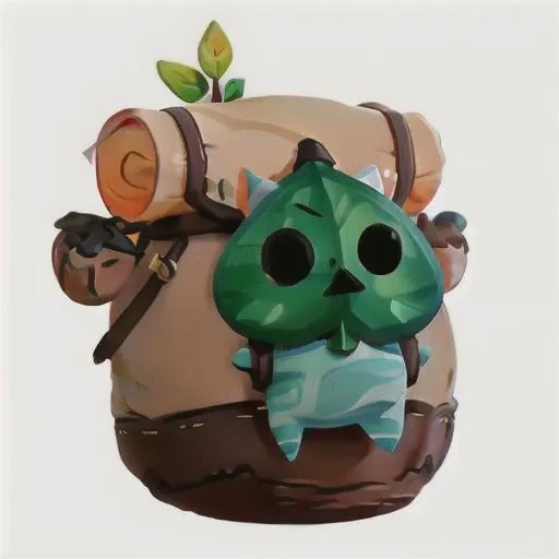 <lora:Korok-v1-a:1> korok, too big backpack, spade shaped leaf face, striped body, cute 3D style