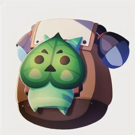 <lora:Korok-v1-a:1> korok, too big backpack, spade shaped leaf face, striped body, cute 3D style