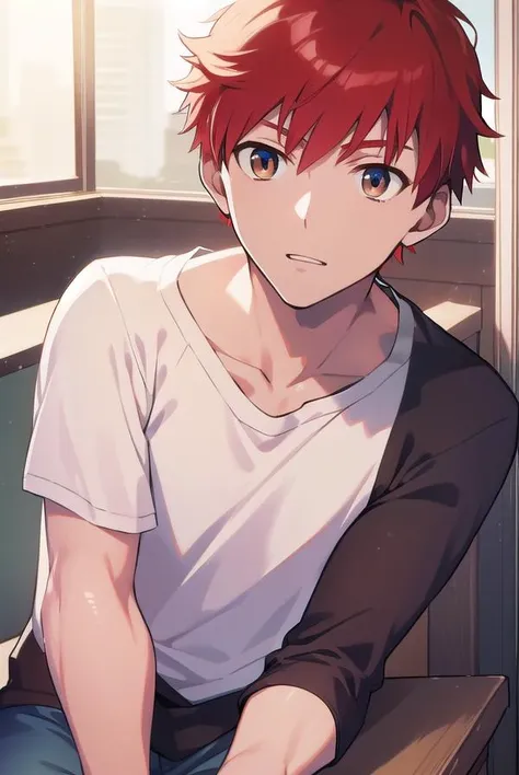 shirouemiya, <lyco:shirouemiya-LYCORIStest:1>,
shirou emiya, 1boy, (red hair:1.5), spiked hair, (brown eyes:1.5), mature male,
BREAK blue pants, collarbone, pants, shirt, long sleeves, white shirt, raglan sleeves,
BREAK looking at viewer,
BREAK indoors, classroom,
BREAK <lora:GoodHands-vanilla:1>, (masterpiece:1.2), best quality, high resolution, unity 8k wallpaper, (illustration:0.8), (beautiful detailed eyes:1.6), extremely detailed face, perfect lighting, extremely detailed CG, (perfect hands, perfect anatomy),
