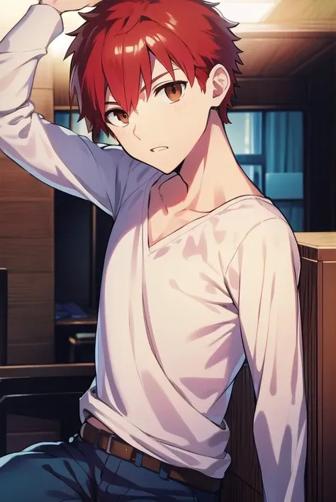 shirouemiya, <lyco:shirouemiya-LYCORIStest:1>,
shirou emiya, 1boy, (red hair:1.5), spiked hair, (brown eyes:1.5), mature male,
BREAK blue pants, collarbone, pants, shirt, long sleeves, white shirt, raglan sleeves,
BREAK looking at viewer,
BREAK indoors, classroom,
BREAK <lora:GoodHands-vanilla:1>, (masterpiece:1.2), best quality, high resolution, unity 8k wallpaper, (illustration:0.8), (beautiful detailed eyes:1.6), extremely detailed face, perfect lighting, extremely detailed CG, (perfect hands, perfect anatomy),