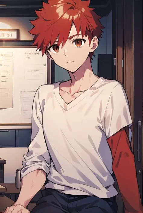 shirouemiya, <lyco:shirouemiya-LYCORIStest:1>,
shirou emiya, 1boy, (red hair:1.5), spiked hair, (brown eyes:1.5), mature male,
BREAK blue pants, collarbone, pants, shirt, long sleeves, white shirt, raglan sleeves,
BREAK looking at viewer,
BREAK indoors, classroom,
BREAK <lora:GoodHands-vanilla:1>, (masterpiece:1.2), best quality, high resolution, unity 8k wallpaper, (illustration:0.8), (beautiful detailed eyes:1.6), extremely detailed face, perfect lighting, extremely detailed CG, (perfect hands, perfect anatomy),