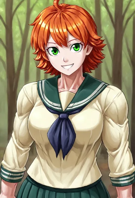 portrait of muscle girl wearing school uniform, short tousled hair, redhead, green eyes, autumn forest, str0ng woman, smile