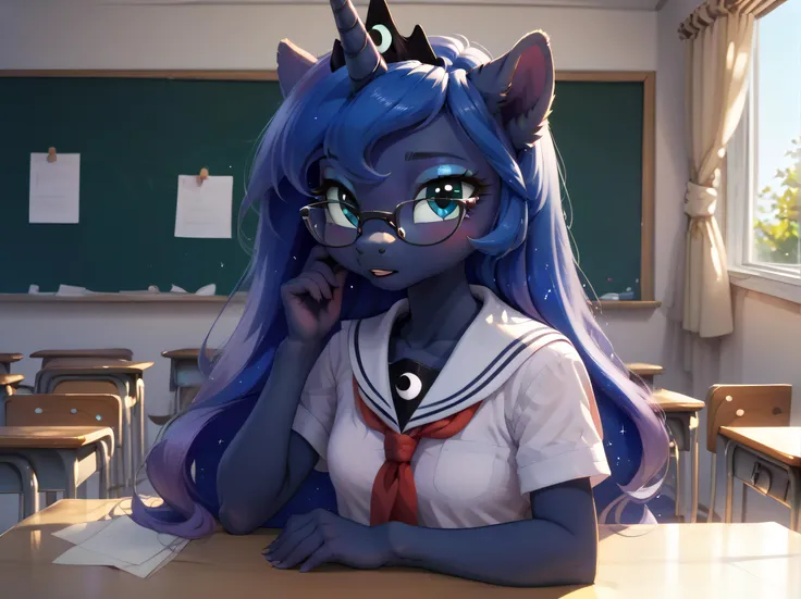 score_9,Pony,anthro,source_furry,1girl,solo,young princess luna,princess luna,s1 luna,((foal)),((young)),small breasts,cute face,detailed,detailed face,detailed eyes,<lora:detailed_hands:1>,<lora:Pony_DetailV2.0:1>,zPDXL2,<lora:Wakfu_CartoonV02:0.8>,<lora:MixSummerSolstice Style SDXL_LoRA_Pony Diffusion V6 XL>,wearing glasses:1.4,school_uniform,classroom,big lovely glasses,look at you,blush,<lora:school uniform_Pony_V1.0:0.8>,school uniform,shirt,skirt,