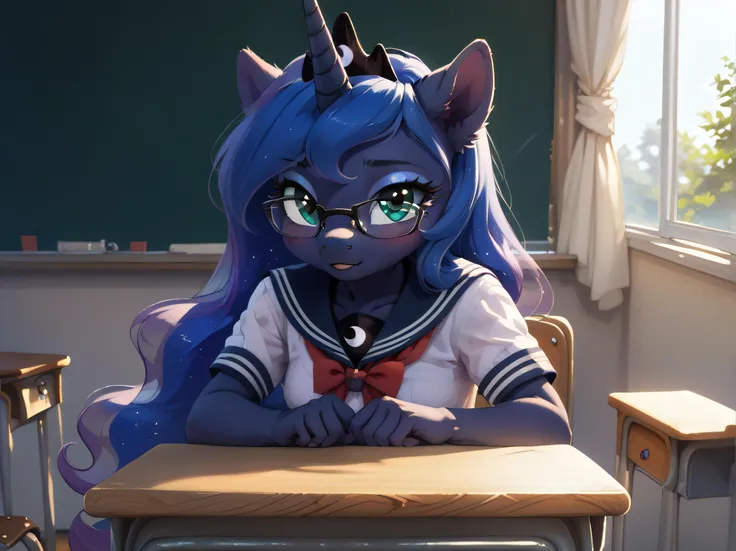 score_9,Pony,anthro,source_furry,1girl,solo,young princess luna,princess luna,s1 luna,((foal)),((young)),small breasts,cute face,detailed,detailed face,detailed eyes,<lora:detailed_hands:1>,<lora:Pony_DetailV2.0:1>,zPDXL2,<lora:Wakfu_CartoonV02:0.8>,<lora:MixSummerSolstice Style SDXL_LoRA_Pony Diffusion V6 XL>,wearing glasses:1.4,school_uniform,classroom,big lovely glasses,look at you,blush,<lora:school uniform_Pony_V1.0:0.8>,school uniform,shirt,skirt,