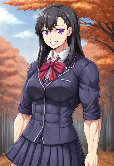 portrait of muscle girl wearing school uniform, black hair, purple eyes, autumn forest, str0ng woman, smile