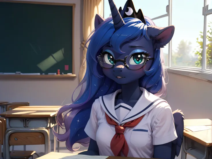 score_9,Pony,anthro,source_furry,1girl,solo,young princess luna,princess luna,s1 luna,((foal)),((young)),small breasts,cute face,detailed,detailed face,detailed eyes,<lora:detailed_hands:1>,<lora:Pony_DetailV2.0:1>,zPDXL2,<lora:Wakfu_CartoonV02:0.8>,<lora:MixSummerSolstice Style SDXL_LoRA_Pony Diffusion V6 XL>,wearing glasses:1.4,school_uniform,classroom,big lovely glasses,look at you,blush,<lora:school uniform_Pony_V1.0:0.8>,school uniform,shirt,skirt,