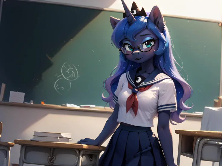 score_9,Pony,anthro,source_furry,1girl,solo,young princess luna,princess luna,s1 luna,((foal)),((young)),small breasts,cute face,detailed,detailed face,detailed eyes,<lora:detailed_hands:1>,<lora:Pony_DetailV2.0:1>,zPDXL2,<lora:Wakfu_CartoonV02:0.8>,<lora:MixSummerSolstice Style SDXL_LoRA_Pony Diffusion V6 XL>,wearing glasses:1.4,school_uniform,classroom,big lovely glasses,look at you,blush,<lora:school uniform_Pony_V1.0:0.8>,school uniform,shirt,skirt,