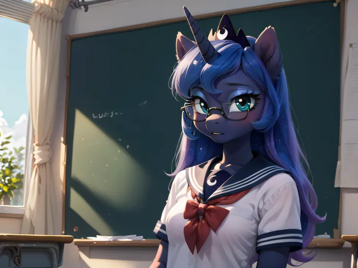 score_9,Pony,anthro,source_furry,1girl,solo,young princess luna,princess luna,s1 luna,((foal)),((young)),small breasts,cute face,detailed,detailed face,detailed eyes,<lora:detailed_hands:1>,<lora:Pony_DetailV2.0:1>,zPDXL2,<lora:Wakfu_CartoonV02:0.8>,<lora:MixSummerSolstice Style SDXL_LoRA_Pony Diffusion V6 XL>,wearing glasses:1.4,school_uniform,classroom,big lovely glasses,look at you,blush,<lora:school uniform_Pony_V1.0:0.8>,school uniform,shirt,skirt,