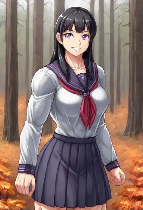 portrait of muscle girl wearing school uniform, black hair, purple eyes, autumn forest, str0ng woman, smile