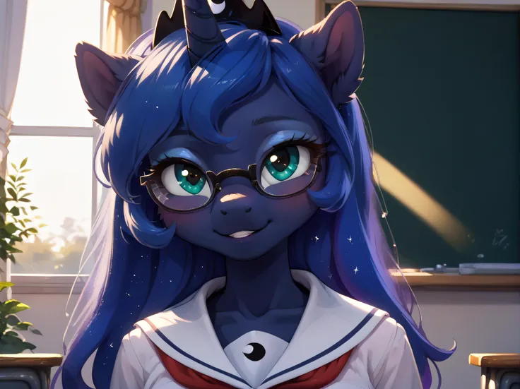 score_9,Pony,anthro,source_furry,1girl,solo,young princess luna,princess luna,s1 luna,((foal)),((young)),small breasts,cute face,detailed,detailed face,detailed eyes,<lora:detailed_hands:1>,<lora:Pony_DetailV2.0:1>,zPDXL2,<lora:Wakfu_CartoonV02:0.8>,<lora:MixSummerSolstice Style SDXL_LoRA_Pony Diffusion V6 XL>,wearing glasses:1.4,school_uniform,classroom,big lovely glasses,look at you,blush,<lora:school uniform_Pony_V1.0:0.8>,school uniform,shirt,skirt,