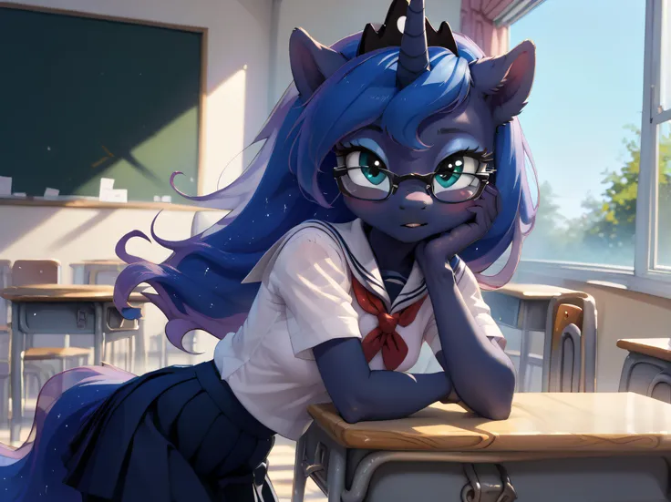 score_9,Pony,anthro,source_furry,1girl,solo,young princess luna,princess luna,s1 luna,((foal)),((young)),small breasts,cute face,detailed,detailed face,detailed eyes,<lora:detailed_hands:1>,<lora:Pony_DetailV2.0:1>,zPDXL2,<lora:Wakfu_CartoonV02:0.8>,<lora:MixSummerSolstice Style SDXL_LoRA_Pony Diffusion V6 XL>,wearing glasses:1.4,school_uniform,classroom,big lovely glasses,look at you,blush,<lora:school uniform_Pony_V1.0:0.8>,school uniform,shirt,skirt,