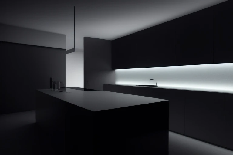 3D Product render style, futuristic kitchen, finely detailed, purism, a computer rendering, minimalism, octane render, 4k, dark theme, frontal view,
back light, rim light, <lora:lowra_v10:0.6>