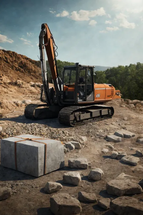 3D Product render style, excavator made of stone in a gift box, finely detailed, purism, ue 5, a computer rendering, minimalism, octane render, 4k
