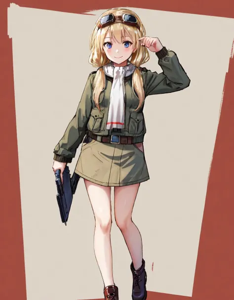 <lora:Carla-10:0.8> 1Girl , Solo , Carla , blonde hair , military uniform , goggles on head , jacket , scarf , smile , blue eyes , full body , low twintails ,