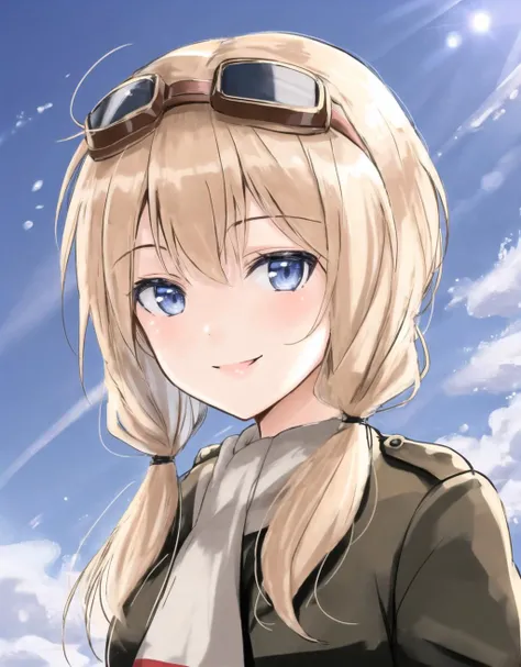 <lora:Carla-10:0.8> 1Girl , Solo , Carla , blonde hair , military uniform , goggles on head , jacket , scarf , smile , blue eyes , low twintails , portrait , sky background ,