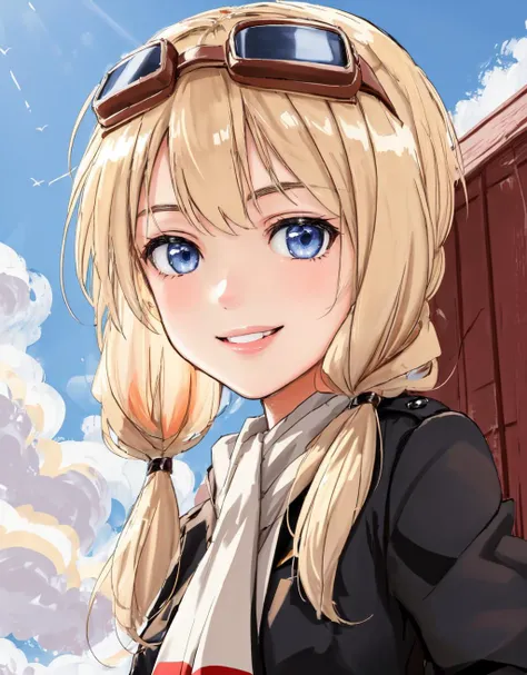 <lora:Carla-10:0.8> 1Girl , Solo , Carla , blonde hair , military uniform , goggles on head , jacket , scarf , smile , blue eyes , low twintails , portrait , sky background ,