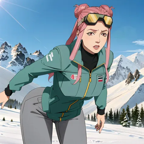 (mountain snowy, gorgeous view)
(cowboy shot), sfw, (masterpiece), (best quality:1.0), (ultra highres:1.0), detailed eyes, detailed clothing texture, beautiful face, solo, Argilla, two buns, pink hair, pink eyes
(grey winter ski coat, snow pants, goggles)
Invincible style
<lora:Argilla_DDS:0.5>  <lora:Invincible:0.75>