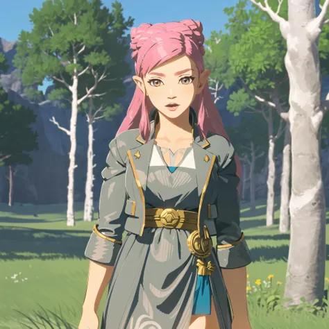 (forest, gorgeous view)
(cowboy shot), sfw, (masterpiece), (best quality:1.0), (ultra highres:1.0), detailed eyes, detailed clothing texture, beautiful face, solo, Argilla, two buns, pink eyes, pink hair
(tribe outfit, grey jacket, grey dress, open slit)
botw style
<lora:Argilla_DDS:0.4> <lora:botw style:1>