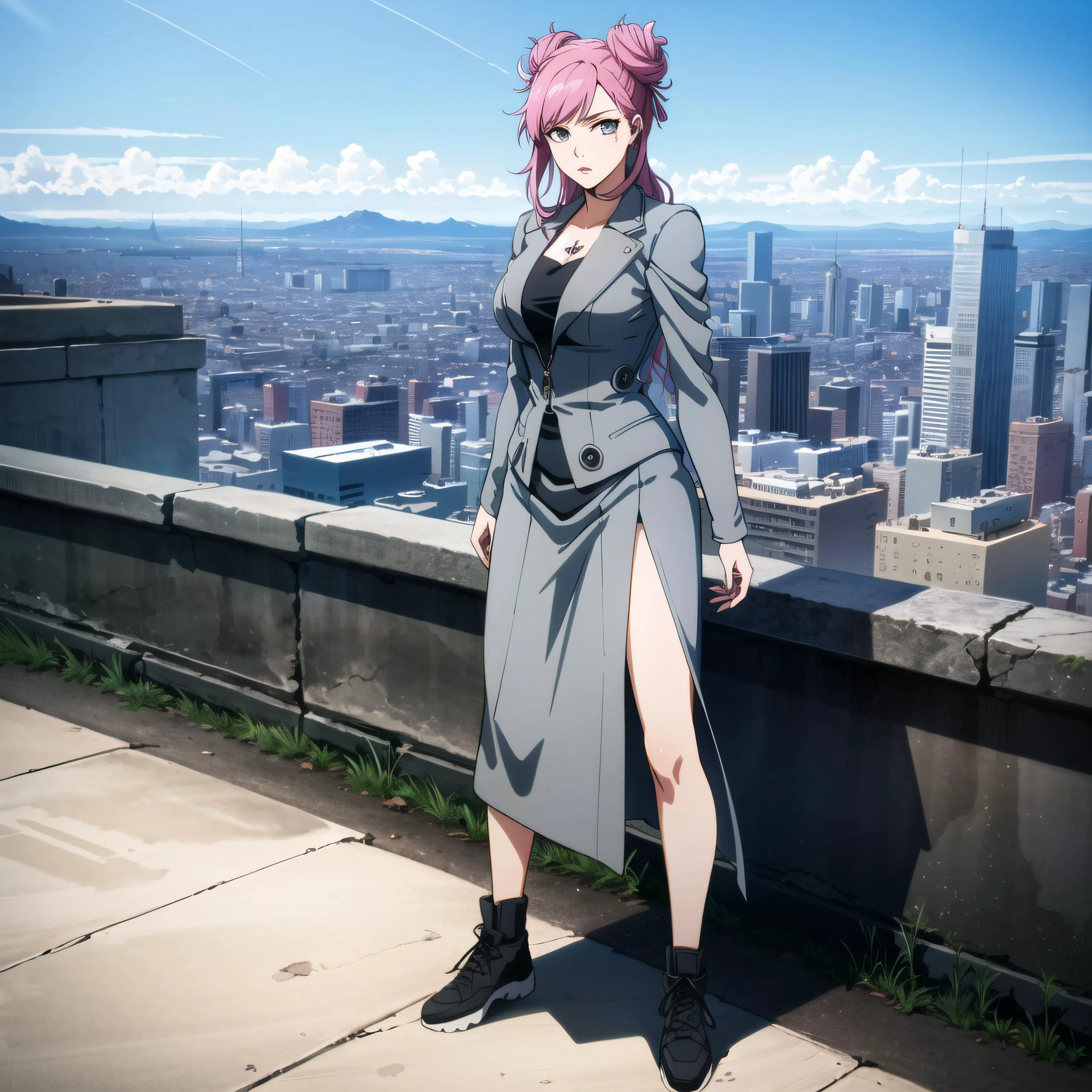(open plains, city, gorgeous view)
(full body shot), sfw, (masterpiece), (best quality:1.0), (ultra highres:1.0), detailed eyes, detailed clothing texture, beautiful face, 1girl, solo, Argilla posing, two buns, breast tattoo
tribe outfit, grey jacket, open slit
bleach style <lora:Argilla_DDS:0.4> <lora:bleach style:0.8>