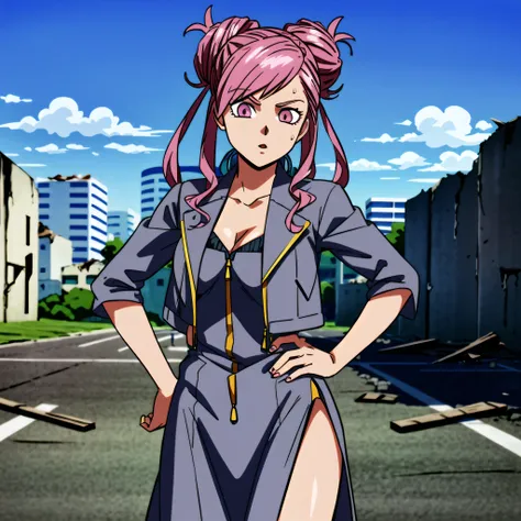 (destroyed city, gorgeous view)
(cowboy shot), sfw, (masterpiece), (best quality:1.0), (ultra highres:1.0), detailed eyes, detailed clothing texture, beautiful face, solo, Argilla, two buns, hand on hip, pink eyes, pink hair
(tribe outfit, grey jacket, grey dress, open slit)
<lora:Argilla_DDS:0.5> <lora:dbsuper_style_offset:1>