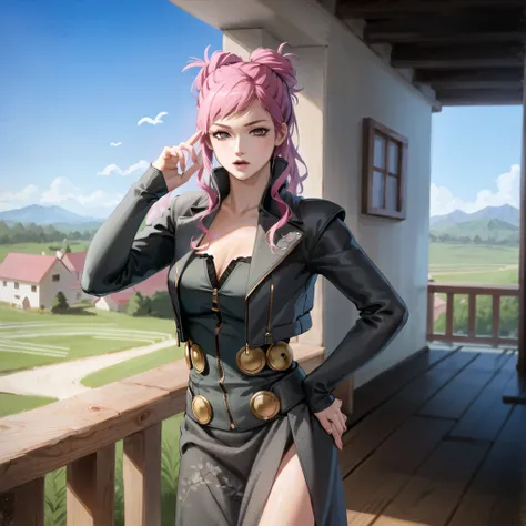 (wood railing, village, gorgeous view)
(cowboy shot), sfw, (masterpiece), (best quality:1.0), (ultra highres:1.0), detailed eyes, detailed clothing texture, beautiful face, solo, Argilla posing, hand on hip
grey jacket, bronze buttons, grey dress
<lora:Argilla_DDS:0.6>