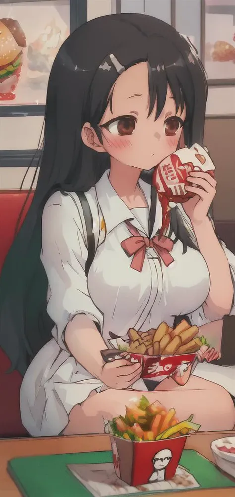 hayase nagatoro,gigantic breast,(masterpiece),ultra details,perfect face,food,hamburger,eat hamburger,sit down, <lora:Nagatoro_V3:1> <lora:è¯å¾·åº v2:1>