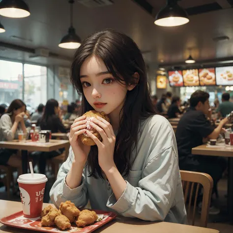 kendeji,food,a woman sitting at a table eating a doughnut and a cup of coffee in front of her and a tray of fried chicken,
Best quality,masterpiece,ultra high res,<lora:è¯å¾·åº v2:0.6>,