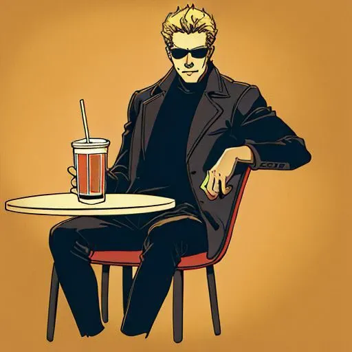 (Albert Wesker:1.4), upper body, highly detailed, highres, extremely detailed, detailed background, perfect eyes, perfect face, high quality, detailed face, anime, best quality, masterpiece, 4k, 8k, absurd resolution, cinematic lights, intricate detail, detailed hands, detailed eyes, animation, illustration, back combed hair, (blonde hair:1.4), combed back, hair back, short hair, comb back hair, (1man), back comb haircut, mature male, looking at viewer, shades, sunglasses, 1boy, black shirt, black trench coat, high definition, sharp focus, <lora:neg4all_bdsqlsz_V3.5:1>, OverallDetail, deep shadow, dimly lit, shade, animification, <lora:dreamlookai_lora_db_bb89d853_ckp_9966b693_step_3000_Wesker:0.7> wesker, <lora:Hiroyuki Kitazume:0.4>, edgQuality, Illust-InstaFilter, <lora:beard_slider_v10:-3>, <lora:gender_slider_v1:-4>, Best_QualityPos, Earth-QualityPos, BodyPositive, prettify, hotify, slick back hair, <lora:AlbertWeskerRE:0.5> AlbertWeskerRE, <lora:neg_bdsqlsz_V2:1>, pureerosface_v1, <lora:hyperdenoiser_v090:0.6>, <lora:hyperrefiner_v090:0.6>, (looking at viewer:1.4), (smirking), (zoom out), scenery, (full body shot:1.3), vibrant color, <lora:kfc1:0.6> kfc, food,french fries,solo focus,restaurant,eating,cup,sitting,indoors,burger,depth of field,disposable cup,holding,chair,table,drinking straw,drink,pov across table,tray,