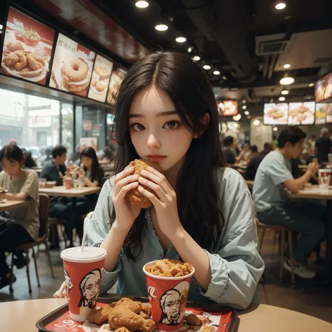 kendeji,food,a woman sitting at a table eating a doughnut and a cup of coffee in front of her and a tray of fried chicken,
Best quality,masterpiece,ultra high res,<lora:è¯å¾·åº v2:0.6>,