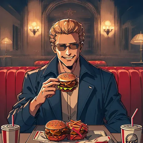 (Albert Wesker:1.4), upper body, highly detailed, highres, extremely detailed, detailed background, perfect eyes, perfect face, high quality, detailed face, anime, best quality, masterpiece, 4k, 8k, absurd resolution, cinematic lights, intricate detail, detailed hands, detailed eyes, animation, illustration, back combed hair, (blonde hair:1.4), combed back, hair back, short hair, comb back hair, (1man), back comb haircut, mature male, looking at viewer, shades, sunglasses, 1boy, black shirt, black trench coat, high definition, sharp focus, <lora:neg4all_bdsqlsz_V3.5:1>, OverallDetail, deep shadow, dimly lit, shade, animification, <lora:dreamlookai_lora_db_bb89d853_ckp_9966b693_step_3000_Wesker:0.7> wesker, <lora:Hiroyuki Kitazume:0.2>, edgQuality, Illust-InstaFilter, <lora:beard_slider_v10:-3>, <lora:gender_slider_v1:-4>, Best_QualityPos, Earth-QualityPos, BodyPositive, prettify, hotify, slick back hair, <lora:AlbertWeskerRE:0.5> AlbertWeskerRE, <lora:neg_bdsqlsz_V2:1>, pureerosface_v1, <lora:hyperdenoiser_v090:0.6>, <lora:hyperrefiner_v090:0.6>, (looking at viewer:1.4) <lora:kfc1:0.8> kfc, food, french fries, restaurant, (eating:1.4), cup, sitting, indoors, (chicken burger:1.4), depth of field, disposable cup, holding, chair, table, drinking straw, drink, pov across table, tray, (evil grin), (kfc bucket)