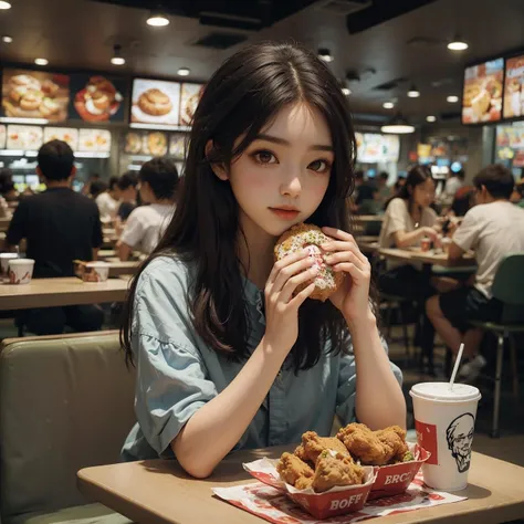 arafed girl holding a hamburger in front of a shelf of hamburgers, super realistic food picture, realistic style, eating burgers, realistic artstyle, realistic art style, realistic food, girl in real life, realistic lighting, serving burgers, realistic young girl, eating a burger, photorealistic girl ,