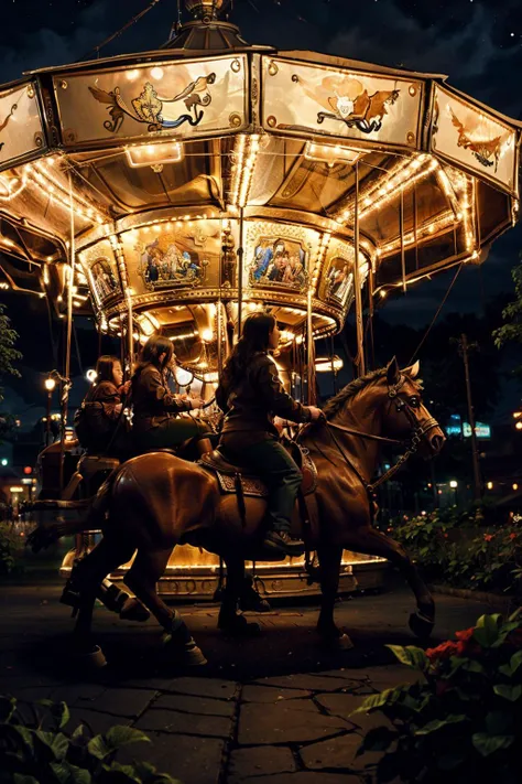 a carousel with people riding it at night ,VisionaryVerse , <lora:VisionaryVerse-SD15:0.75>
