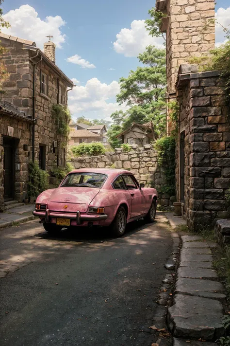 a pink car parked in front of a stone wall ,VisionaryVerse , <lora:VisionaryVerse-SD15:0.75>