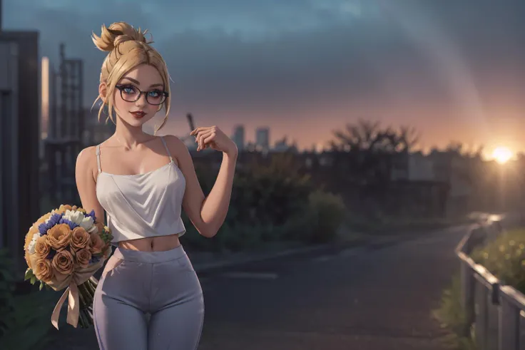 (masterpiece, best quality, highres, picture-perfect, 3D, high resolution:1.2), action shot, (focused:1.3), (Posing as if holding a large bouquet:1.4), (1girl), AS-YoungV2, (18 year old), blonde hair, ((with a edgLevitating_hairstyle, top knot)), (((petite figure, fit build, (narrow hips), (skinny legs), thigh gap):1.2)), (thick glasses, Satin camisole and flared trousers:1.3), A tranquil, sunlit field of cornflowers, backlighting, detailed face, soft lighting, HairDetail, SkinDetail, Style-DoF, <lora:Sexy-Ukrainian:1> <lora:LowRA:0.6> <lora:microwaistV05:0.325> <lora:breastsizeslideroffset:0.5> <lora:backlight_last:0.8> <lora:actionshot:1> <lora:LECO_LessCrotch:0.5> <lora:edgLevitating:0.8>