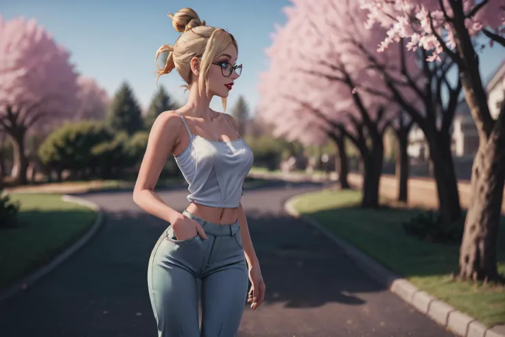 (masterpiece, best quality, highres, picture-perfect, 3D, high resolution:1.2), action shot, (profile:1.3), (Walking with hands in pockets:1.4), (1girl), AS-YoungV2, (18 year old), blonde hair, ((with a edgLevitating_hairstyle, top knot)), (((petite figure, fit build, (narrow hips), (skinny legs), thigh gap):1.2)), (thick glasses, Satin camisole and flared trousers:1.3), A tranquil cherry blossom park in full bloom, backlighting, detailed face, soft lighting, HairDetail, SkinDetail, Style-DoF, <lora:Sexy-Ukrainian:1> <lora:LowRA:0.6> <lora:microwaistV05:0.325> <lora:breastsizeslideroffset:0.5> <lora:backlight_last:0.8> <lora:actionshot:1> <lora:LECO_LessCrotch:0.5> <lora:edgLevitating:0.8>