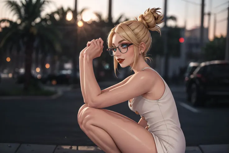 (masterpiece, best quality, highres, picture-perfect, 3D, high resolution:1.2), action shot, (from side:1.3), (Squatting, hands resting on thighs:1.4), (1girl), AS-YoungV2, (18 year old), blonde hair, ((with a edgLevitating_hairstyle, top knot)), (((petite figure, fit build, (narrow hips), (skinny legs), thigh gap):1.2)), (thick glasses, Button-front dress:1.3), A vibrant Miami beach scene with palm trees and Art Deco architecture, backlighting, detailed face, soft lighting, HairDetail, SkinDetail, Style-DoF, <lora:Sexy-Ukrainian:1> <lora:LowRA:0.6> <lora:microwaistV05:0.325> <lora:breastsizeslideroffset:0.5> <lora:backlight_last:0.8> <lora:actionshot:1> <lora:LECO_LessCrotch:0.5> <lora:edgLevitating:0.8>