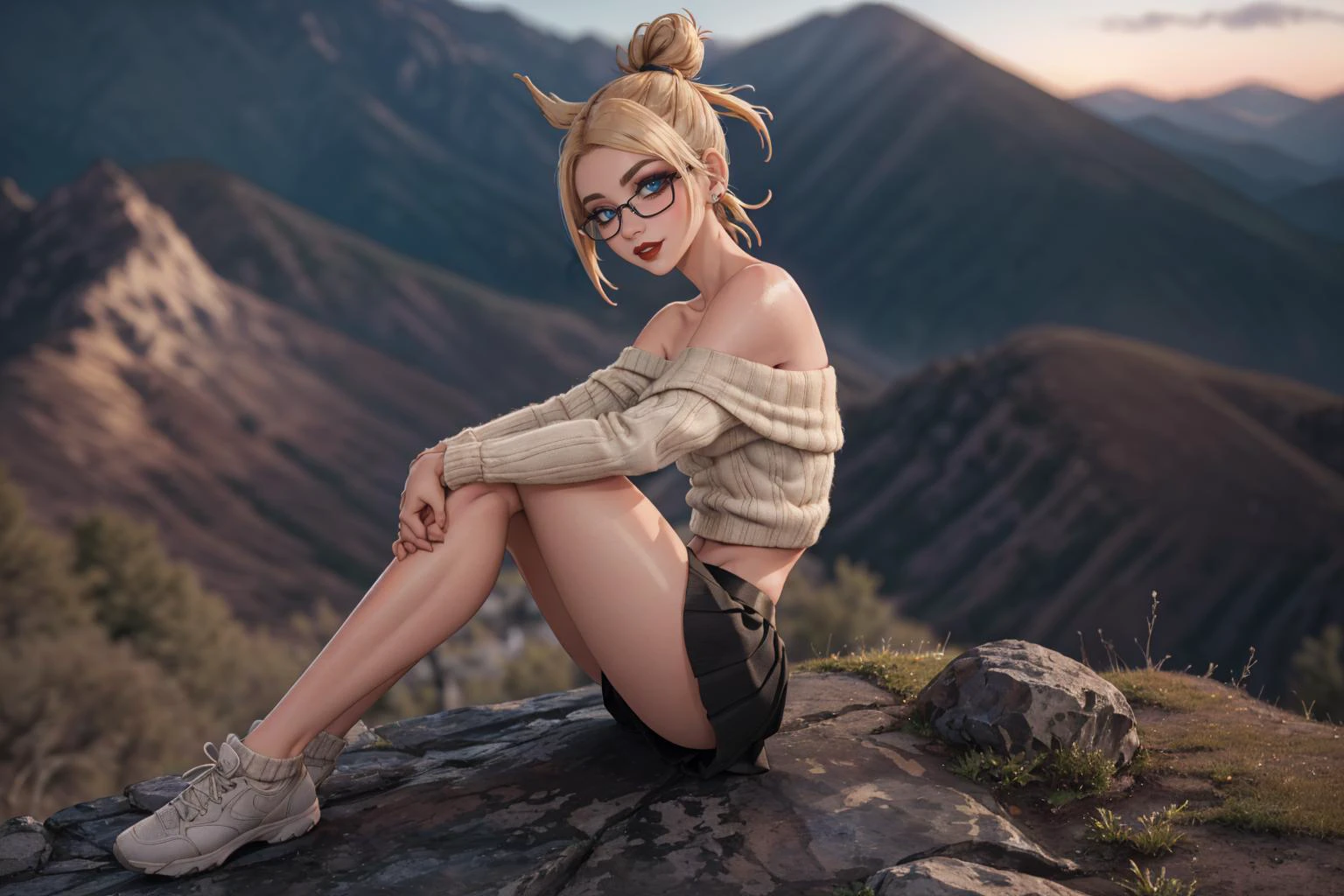 (masterpiece, best quality, highres, picture-perfect, 3D, high resolution:1.2), action shot, (from afar, full body:1.3), (Sitting with hands clasping the knee:1.4), (1girl), AS-YoungV2, (18 year old), blonde hair, ((with a edgLevitating_hairstyle, top knot)), (((petite figure, fit build, (narrow hips), (skinny legs), thigh gap):1.2)), (thick glasses, Knit skirt and off-the-shoulder top:1.3), A tranquil mountaintop with panoramic views, backlighting, detailed face, soft lighting, HairDetail, SkinDetail, Style-DoF, <lora:Sexy-Ukrainian:1> <lora:LowRA:0.6> <lora:microwaistV05:0.325> <lora:breastsizeslideroffset:0.5> <lora:backlight_last:0.8> <lora:actionshot:1> <lora:LECO_LessCrotch:0.5> <lora:edgLevitating:0.8>
