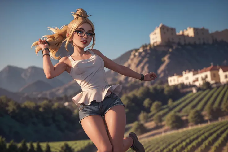 (masterpiece, best quality, highres, picture-perfect, 3D, high resolution:1.2), action shot, (upper body:1.3), (Jumping with knees pulled up:1.4), (1girl),  AS-YoungV2, (18 year old), blonde hair, ((with a edgLevitating_hairstyle, top knot)), (((petite figure, fit build, (narrow hips), (skinny legs), thigh gap):1.2)), (thick glasses, Cuffed shorts and peplum blouse:1.3), A charming, sunlit Italian farmhouse with vineyards and olive groves, backlighting, detailed face, soft lighting, HairDetail, SkinDetail, Style-DoF, <lora:Sexy-Ukrainian:1>  <lora:LowRA:0.6> <lora:microwaistV05:0.325> <lora:breastsizeslideroffset:0.5>  <lora:backlight_last:0.8> <lora:actionshot:1>  <lora:LECO_LessCrotch:0.5>  <lora:edgLevitating:0.8>