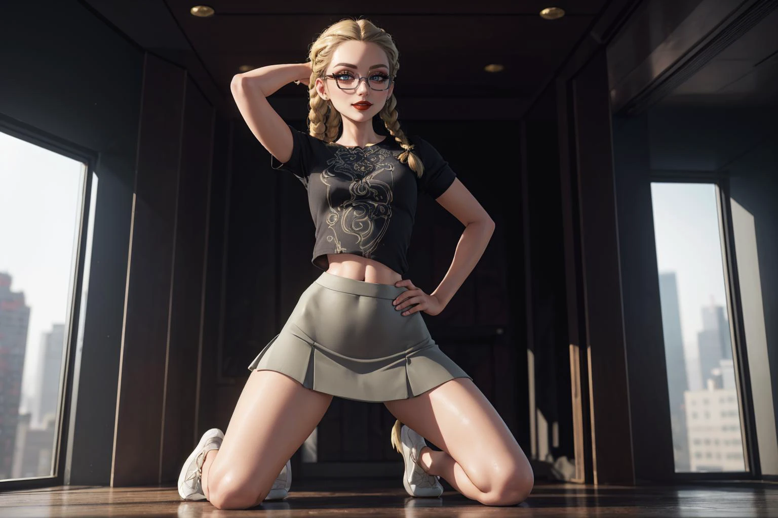 (masterpiece, best quality, highres, picture-perfect, 3D, high resolution:1.2), action shot, (panorama:1.3), (Kneeling with one arm resting on the knee:1.4), 1girl, AS-YoungV2, (18 year old), blonde hair, ((twin braids)), (((petite figure, fit build, (narrow hips), (skinny legs), thigh gap):1.2)), (thick glasses, Midi skirt and tunic top:1.3), A luxurious penthouse with floor-to-ceiling windows, backlighting, detailed face, soft lighting, HairDetail, SkinDetail, Style-DoF, <lora:Sexy-Ukrainian:1> <lora:LowRA:0.6> <lora:microwaistV05:0.325> <lora:breastsizeslideroffset:0.45> <lora:backlight_last:0.8> <lora:actionshot:1>