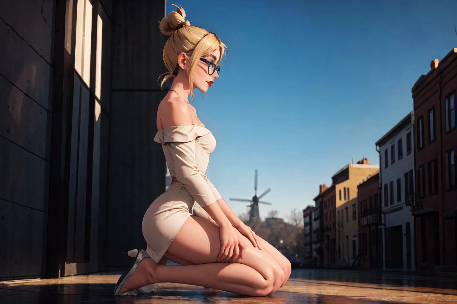(masterpiece, best quality, highres, picture-perfect, 3D, high resolution:1.2), action shot, (from side:1.3), (Kneeling with one hand on the floor:1.4), (1girl), AS-YoungV2, (18 year old), blonde hair, ((with a edgLevitating_hairstyle, top knot)), (((ite figure, fit build, (narrow hips), (skinny legs), thigh gap):1.2)), (thick glasses, Off-the-shoulder dress:1.3), A charming, sunlit Dutch windmill with tulip fields in the foreground, backlighting, detailed face, soft lighting, HairDetail, SkinDetail, Style-DoF, <lora:Sexy-Ukrainian:1> <lora:LowRA:0.6> <lora:microwaistV05:0.325> <lora:breastsizeslideroffset:0.5> <lora:backlight_last:0.8> <lora:actionshot:1> <lora:LECO_LessCrotch:0.5> <lora:edgLevitating:0.8>