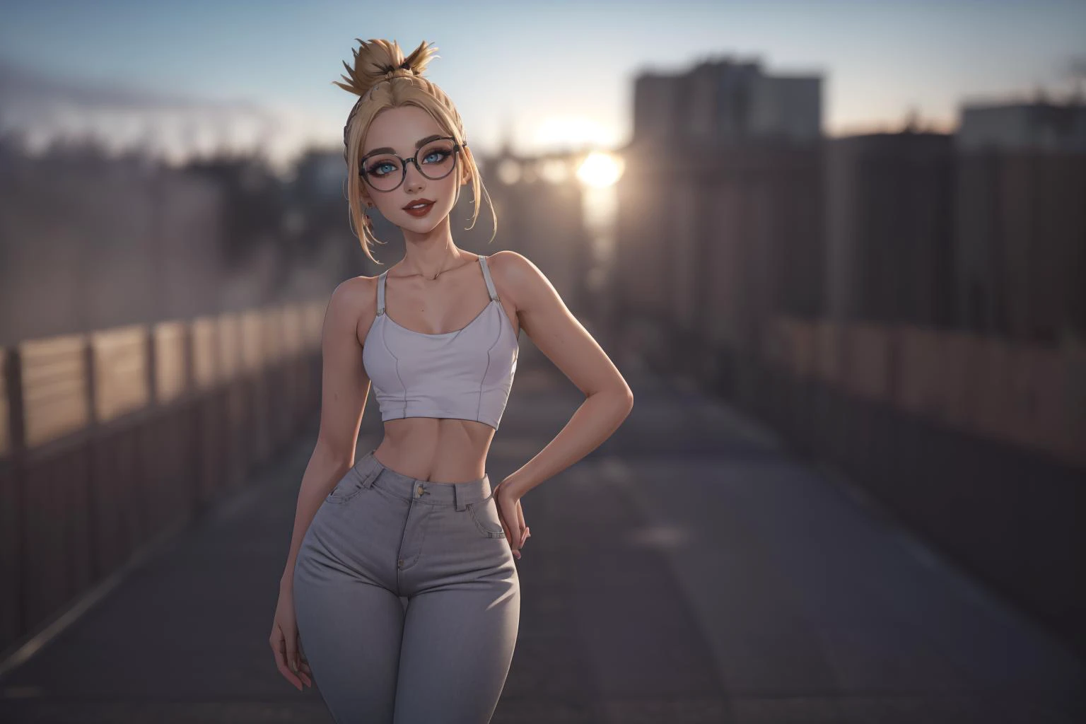 (masterpiece, best quality, highres, picture-perfect, 3D, high resolution:1.2), action shot, (straight-on:1.3), (Pretending to box:1.4), (1girl), AS-YoungV2, (18 year old), blonde hair, ((with a edgLevitating_hairstyle, top knot)), (((petite figure, fit build, (narrow hips), (skinny legs), thigh gap):1.2)), (thick glasses, High-waisted trousers and crop top:1.3), A tranquil, sunlit lavender field, backlighting, detailed face, soft lighting, HairDetail, SkinDetail, Style-DoF, <lora:Sexy-Ukrainian:1> <lora:LowRA:0.6> <lora:microwaistV05:0.325> <lora:breastsizeslideroffset:0.5> <lora:backlight_last:0.8> <lora:actionshot:1> <lora:LECO_LessCrotch:0.5> <lora:edgLevitating:0.8>