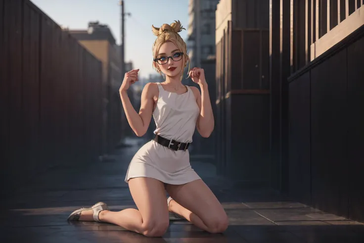 (masterpiece, best quality, highres, picture-perfect, 3D, high resolution:1.2), action shot, (rule of thirds:1.3), (Kneeling with one arm extended upwards:1.4), (1girl), AS-YoungV2, (18 year old), blonde hair, ((with a edgLevitating_hairstyle, top knot)), (((petite figure, fit build, (narrow hips), (skinny legs), thigh gap):1.2)), (thick glasses, Belted shirtdress:1.3), A bustling Asian street food market, backlighting, detailed face, soft lighting, HairDetail, SkinDetail, Style-DoF, <lora:Sexy-Ukrainian:1> <lora:LowRA:0.6> <lora:microwaistV05:0.325> <lora:breastsizeslideroffset:0.5> <lora:backlight_last:0.8> <lora:actionshot:1> <lora:LECO_LessCrotch:0.5> <lora:edgLevitating:0.8>