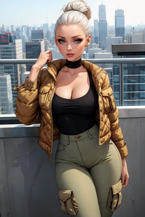 Portrait photo, front view, breast focus, soft lighting,
1girl, young woman, sexy, fair skin, stylish, makeup, (freckles:0.8), Medium breasts, cleavage, slim waist, wide hips, thick thighs, curvy
wearing Quilted jacket and cargo pants
in A stylish, modern rooftop lounge, featuring a panoramic city view and a sleek, sophisticated design
BREAK
Platinum hair, Playful space buns,
<lora:Sexy-Polish:1>
<lora:add_detail:0.5>