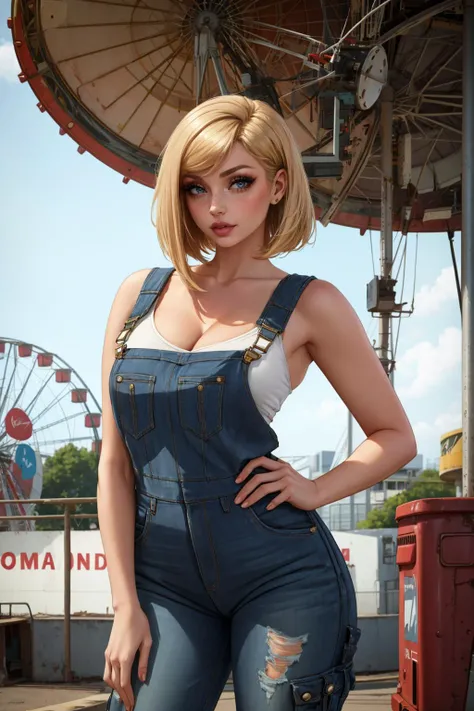 Portrait photo, from behind, ass focus, hard light,
1girl, young woman, sexy, fair skin, stylish, makeup, (freckles:0.8), Small breasts, cleavage, slim waist, wide hips, thick thighs, curvy
wearing cargo overalls
in Abandoned amusement park with faded carousel and Ferris wheel
BREAK
Golden Blonde hair, A-line bob with side bangs,
<lora:Sexy-Polish:1>
<lora:add_detail:0.5>