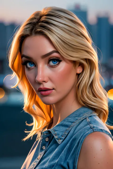 <lora:Sexy-American-Blonde:1> blonde wavy hair, blue eyes, solo, looking at viewer, city background, blurred background, bokeh, deep of field, kkw-ph1, <lora:LORA-XenoDetailer-v2:1>