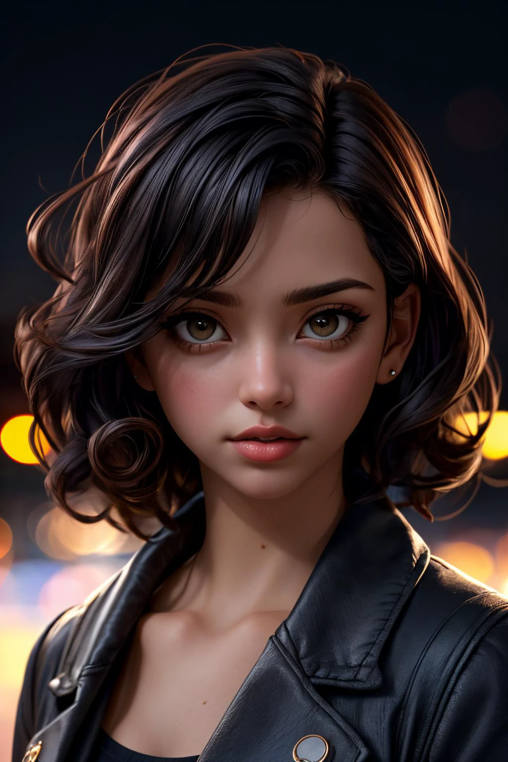 <lora:Sexy-Brazilian:1> black curly hair, hazel eyes, full lips, solo, looking at viewer, city background, blurred background, bokeh, deep of field, kkw-ph1, <lora:LORA-XenoDetailer-v2:1>